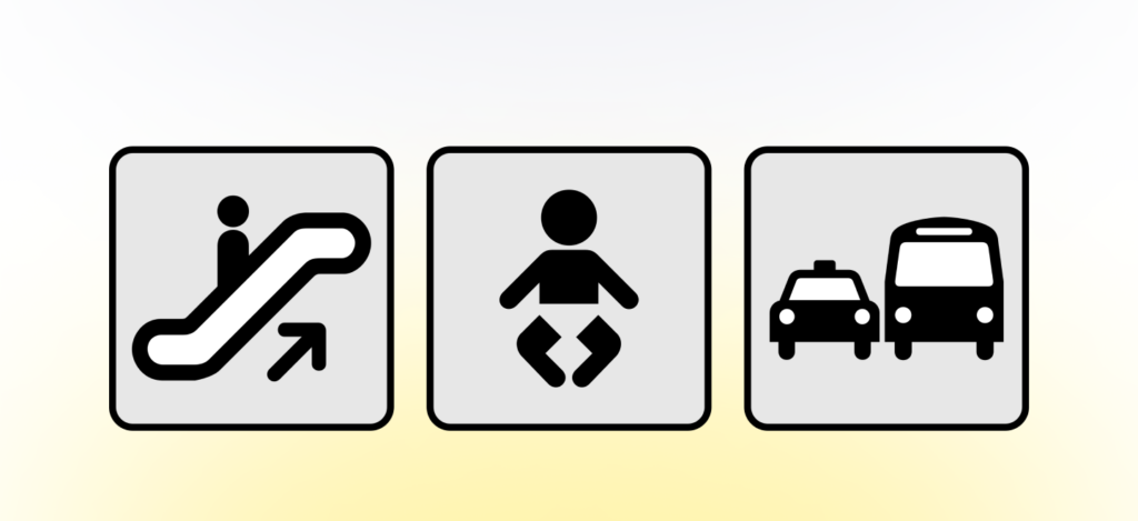 DOT piktogramok (mozgólépcső, baba, taxi és busz.)