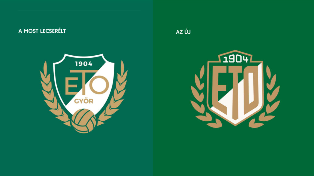A Győri ETO FC régi és új logója egymás mellett, zöld háttérrel, mely a címerek különböző dizájnját és stílusát mutatja be.
