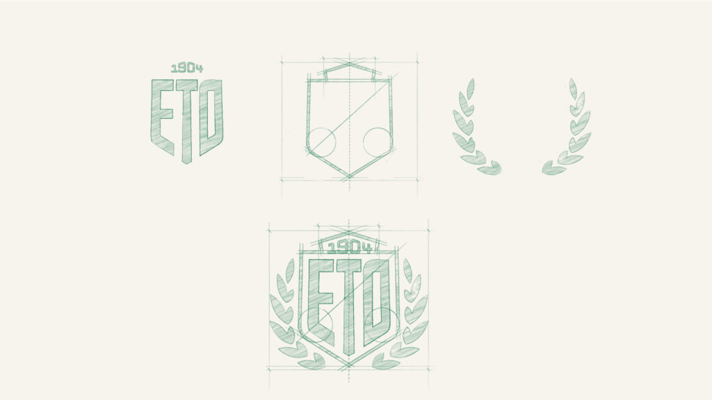 Vázlatos tervek az ETO FC logójáról, különböző elemeivel és a tervezési folyamattal.